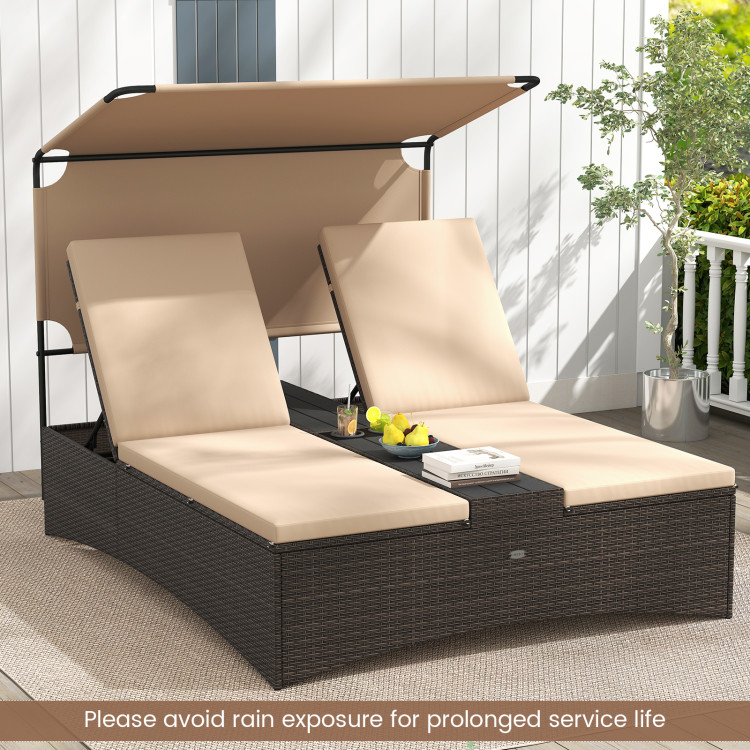 Outdoor Daybed with Adjustable Backrests 2-Person PE Rattan Patio Bed - Image 2