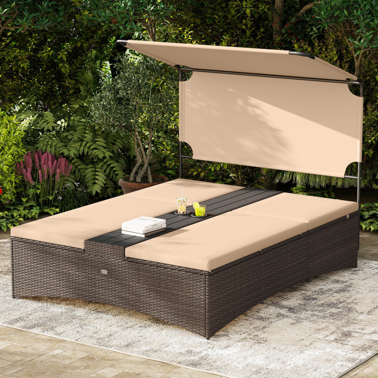 Outdoor Daybed with Adjustable Backrests 2-Person PE Rattan Patio Bed - Image 3