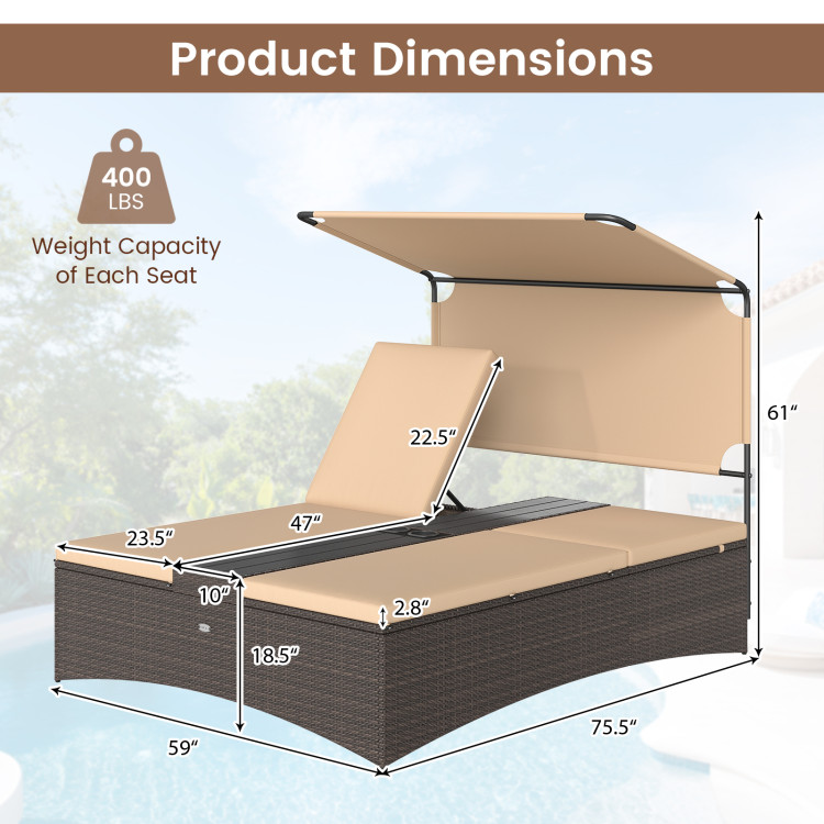 Outdoor Daybed with Adjustable Backrests 2-Person PE Rattan Patio Bed - Image 4