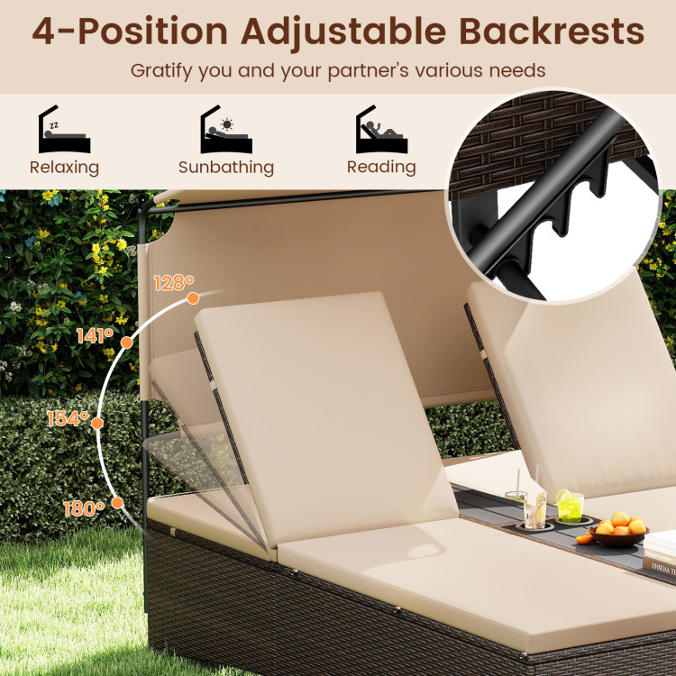 Outdoor Daybed with Adjustable Backrests 2-Person PE Rattan Patio Bed - Image 5