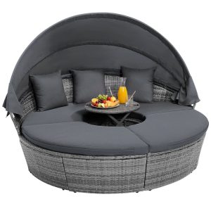 Outdoor PE Wicker Round Daybed with Retractable Canopy and Cushions