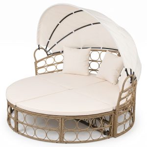Outdoor Patio Daybed with Retractable Canopy and Cushions Yellow Wicker Rattan Furniture Set
