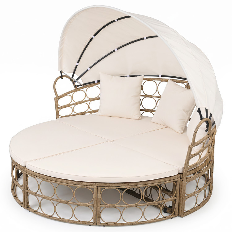 Outdoor Patio Daybed with Retractable Canopy and Cushions Yellow Wicker Rattan Furniture Set