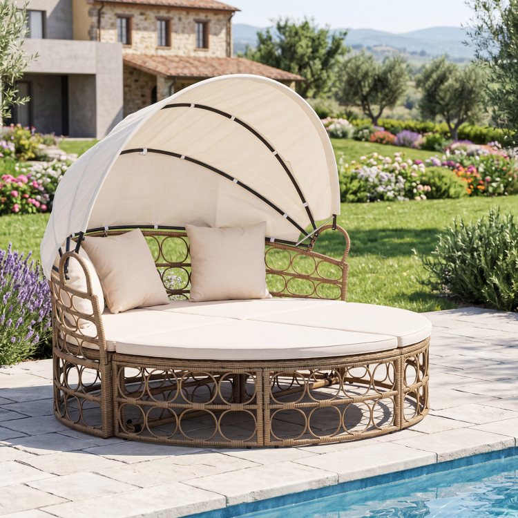 Outdoor Patio Daybed with Retractable Canopy and Cushions Yellow Wicker Rattan Furniture Set - Image 2