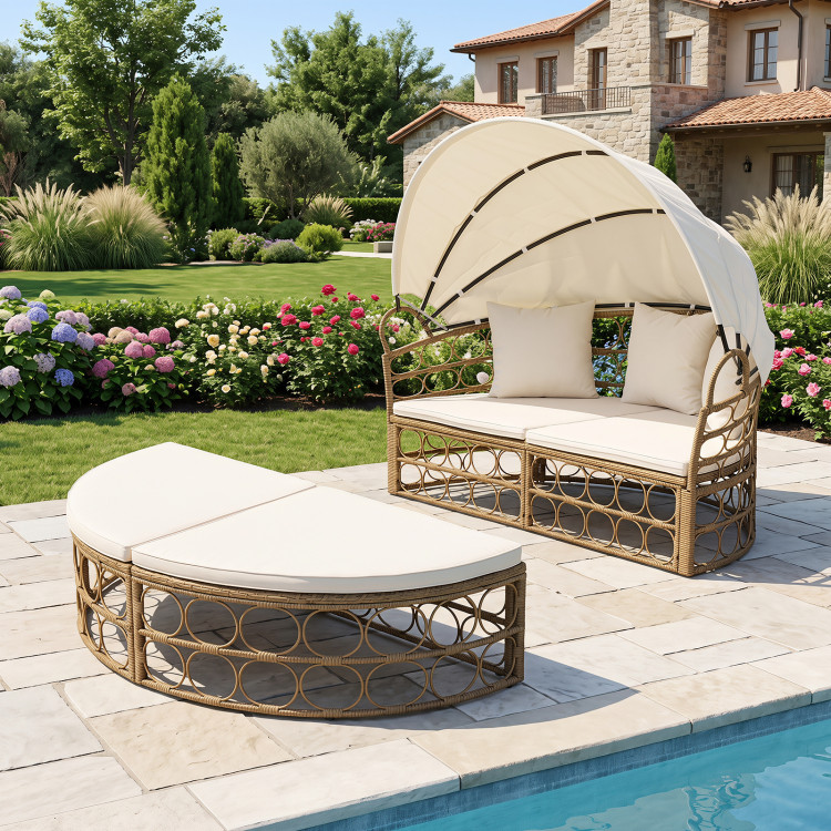 Outdoor Patio Daybed with Retractable Canopy and Cushions Yellow Wicker Rattan Furniture Set - Image 3