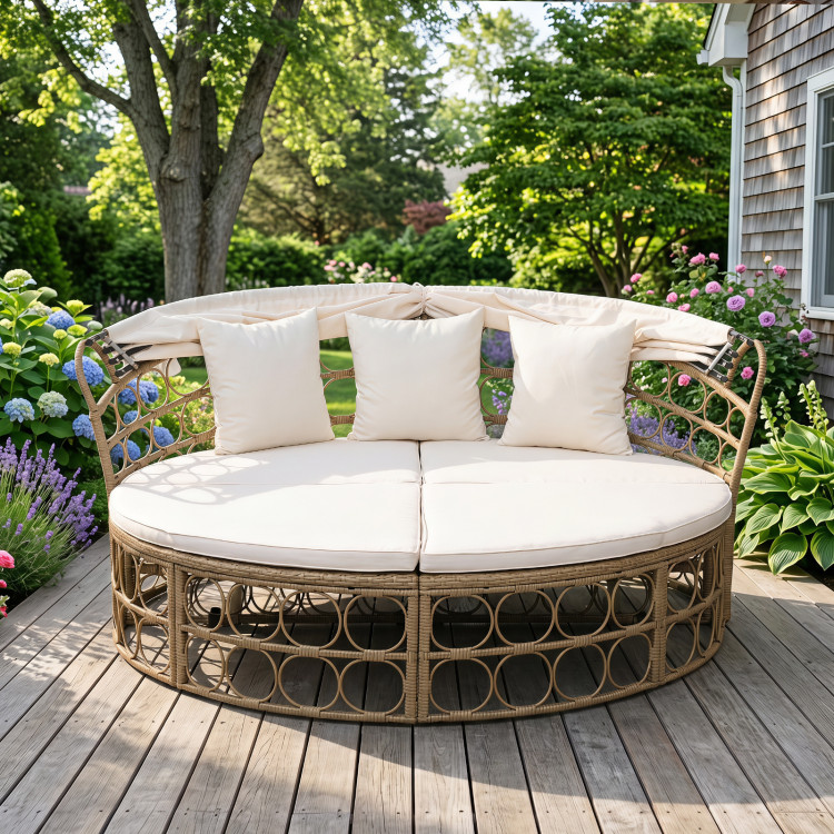 Outdoor Patio Daybed with Retractable Canopy and Cushions Yellow Wicker Rattan Furniture Set - Image 5