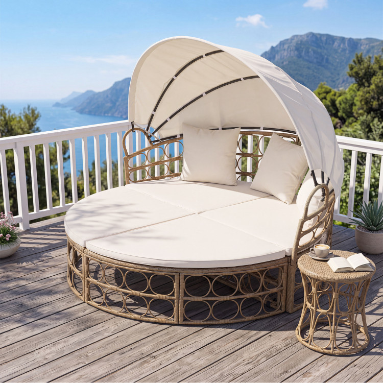 Outdoor Patio Daybed with Retractable Canopy and Cushions Yellow Wicker Rattan Furniture Set - Image 6
