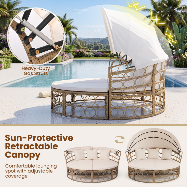 Outdoor Patio Daybed with Retractable Canopy and Cushions Yellow Wicker Rattan Furniture Set - Image 7