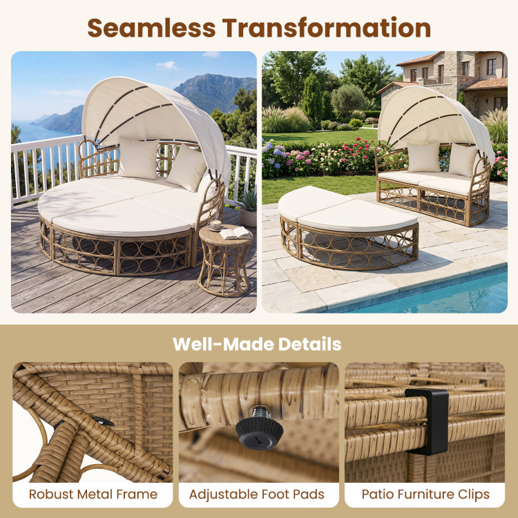Outdoor Patio Daybed with Retractable Canopy and Cushions Yellow Wicker Rattan Furniture Set - Image 9