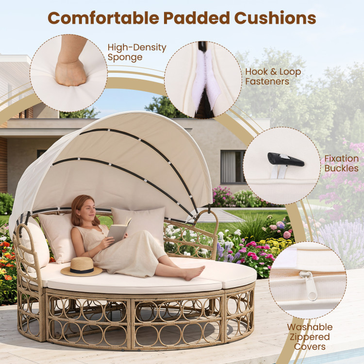 Outdoor Patio Daybed with Retractable Canopy and Cushions Yellow Wicker Rattan Furniture Set - Image 10