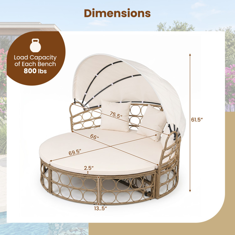 Outdoor Patio Daybed with Retractable Canopy and Cushions Yellow Wicker Rattan Furniture Set - Image 4