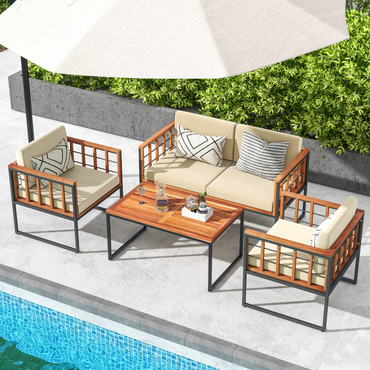 4 Pieces Acacia Wood Outdoor Sofa Set for Balcony, Porch, Backyard, Poolside - Image 2