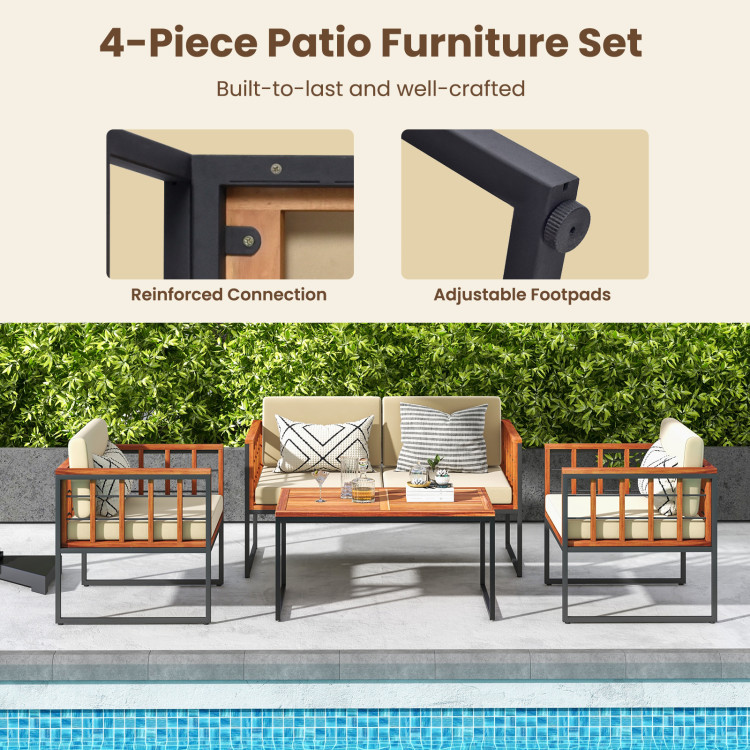4 Pieces Acacia Wood Outdoor Sofa Set for Balcony, Porch, Backyard, Poolside - Image 10