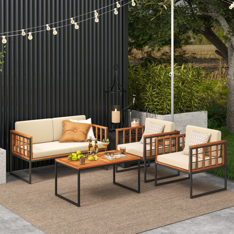 4 Pieces Acacia Wood Outdoor Sofa Set for Balcony, Porch, Backyard, Poolside - Image 3