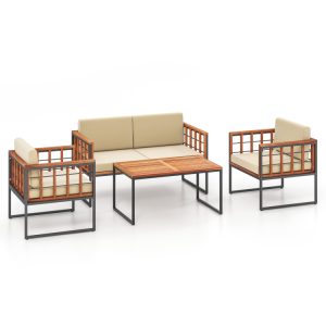 4 Pieces Acacia Wood Outdoor Sofa Set for Balcony, Porch, Backyard, Poolside