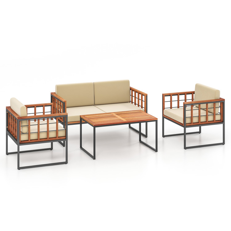 4 Pieces Acacia Wood Outdoor Sofa Set for Balcony, Porch, Backyard, Poolside