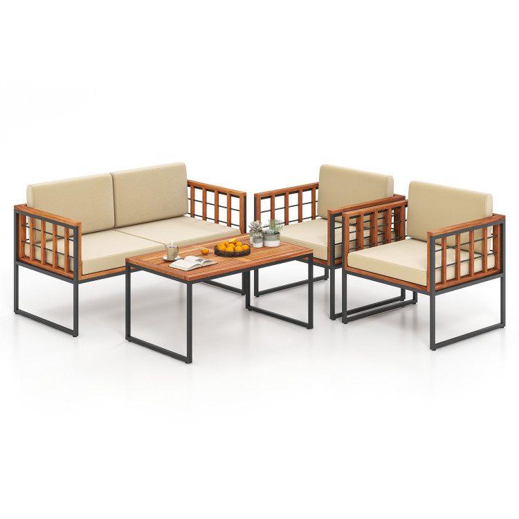 4 Pieces Acacia Wood Outdoor Sofa Set for Balcony, Porch, Backyard, Poolside - Image 4