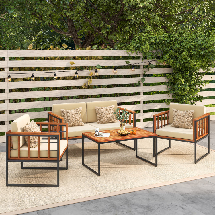 4 Pieces Acacia Wood Outdoor Sofa Set for Balcony, Porch, Backyard, Poolside - Image 6