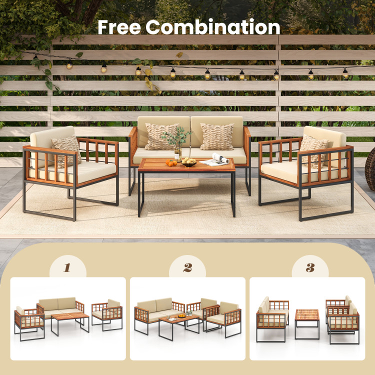 4 Pieces Acacia Wood Outdoor Sofa Set for Balcony, Porch, Backyard, Poolside - Image 9