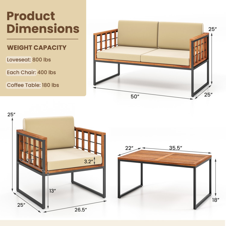 4 Pieces Acacia Wood Outdoor Sofa Set for Balcony, Porch, Backyard, Poolside - Image 5