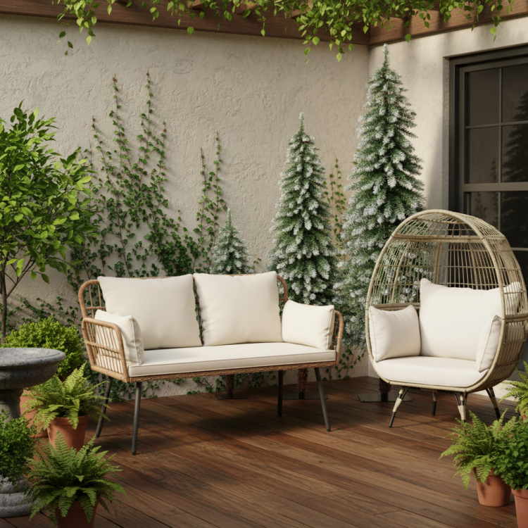 Oversized Rattan Egg Lounge Chair & 2-Seat Rattan Sofa with Cushions - Image 3