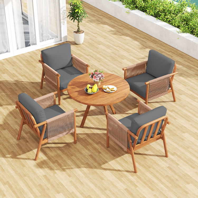 Patio Acacia Wood Chair Set of 4 with Woven Rope Armrests and Seat Back Cushions for Backyard - Image 2