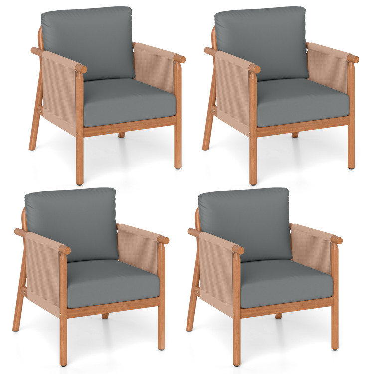 Patio Acacia Wood Chair Set of 4 with Woven Rope Armrests and Seat Back Cushions for Backyard