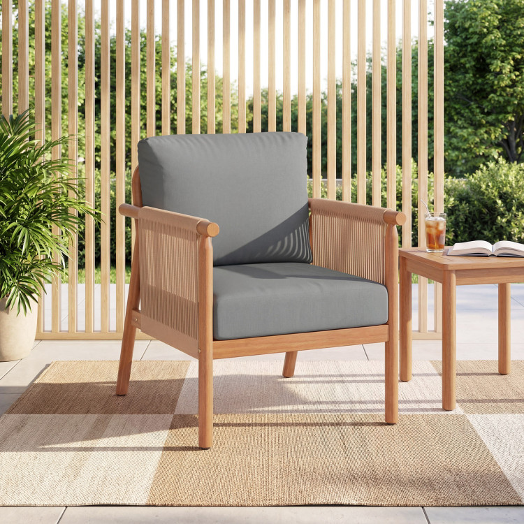Patio Acacia Wood Chair Set of 4 with Woven Rope Armrests and Seat Back Cushions for Backyard - Image 5