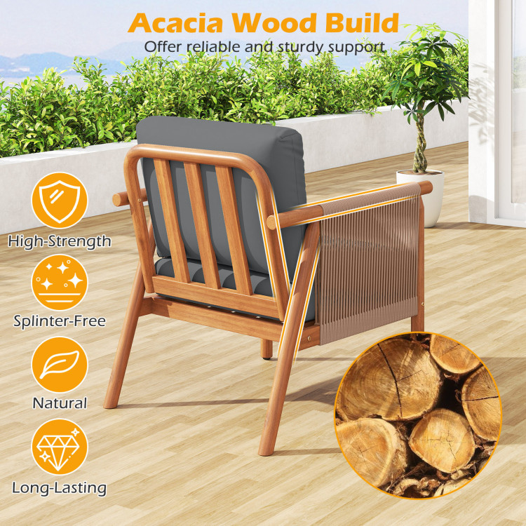 Patio Acacia Wood Chair Set of 4 with Woven Rope Armrests and Seat Back Cushions for Backyard - Image 7