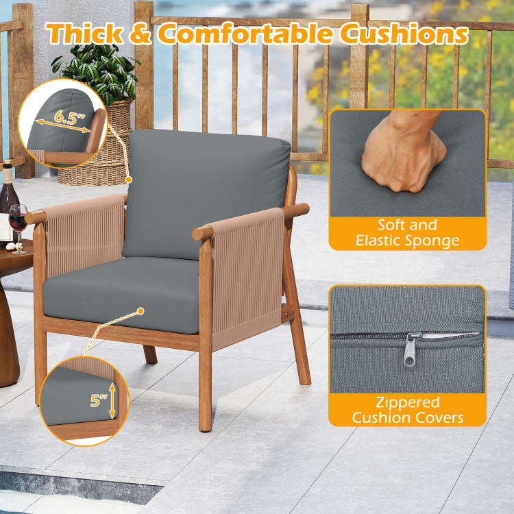 Patio Acacia Wood Chair Set of 4 with Woven Rope Armrests and Seat Back Cushions for Backyard - Image 8