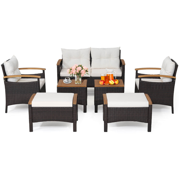 7 Piece Rattan Patio Sofa Set with Acacia Wood Tabletop and Armrests - Image 4