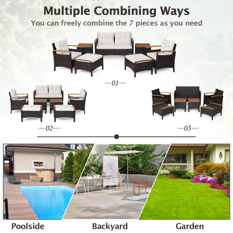 7 Piece Rattan Patio Sofa Set with Acacia Wood Tabletop and Armrests - Image 6