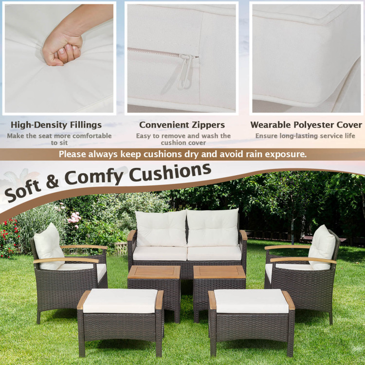 7 Piece Rattan Patio Sofa Set with Acacia Wood Tabletop and Armrests - Image 7