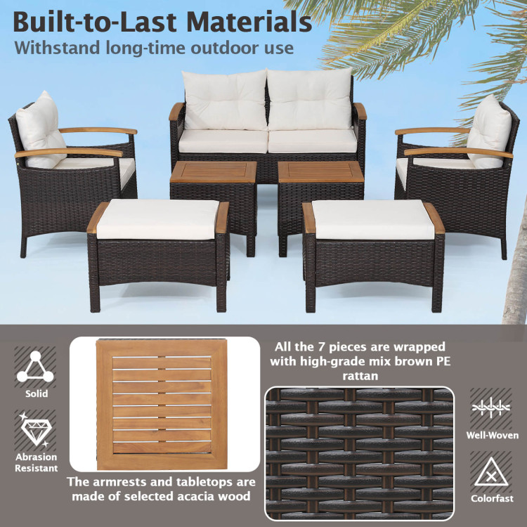 7 Piece Rattan Patio Sofa Set with Acacia Wood Tabletop and Armrests - Image 8