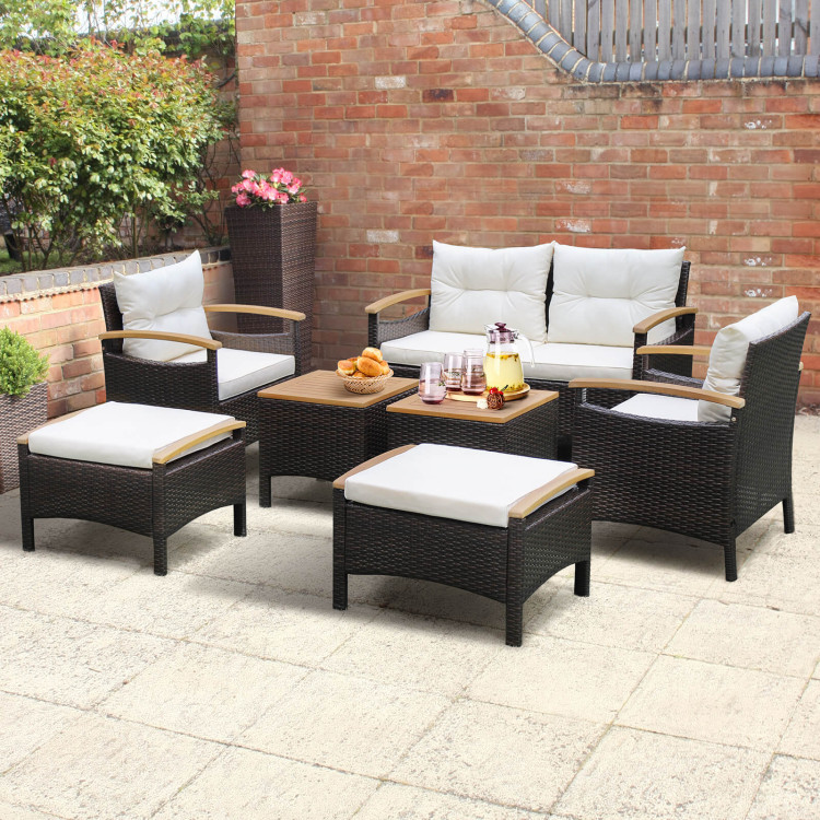 7 Piece Rattan Patio Sofa Set with Acacia Wood Tabletop and Armrests - Image 2