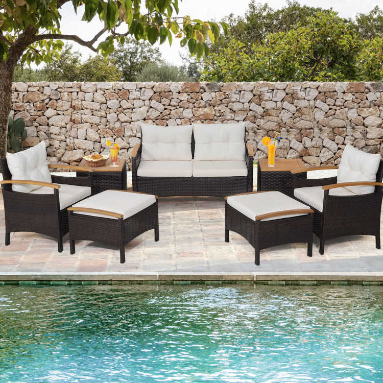 7 Piece Rattan Patio Sofa Set with Acacia Wood Tabletop and Armrests - Image 3