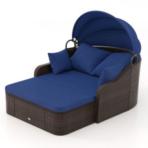 Patio PE Rattan Daybed with Retractable Canopy and Soft Cushions