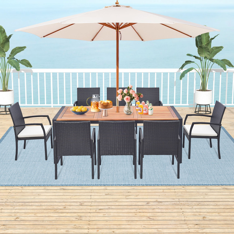 9 Pieces Patio Rattan Dining Set with Acacia Wood Table for Backyard Garden - Image 2