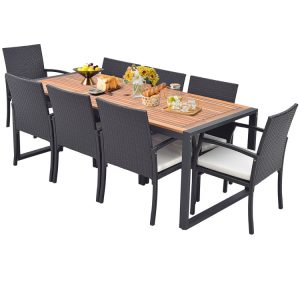 9 Pieces Patio Rattan Dining Set with Acacia Wood Table for Backyard Garden