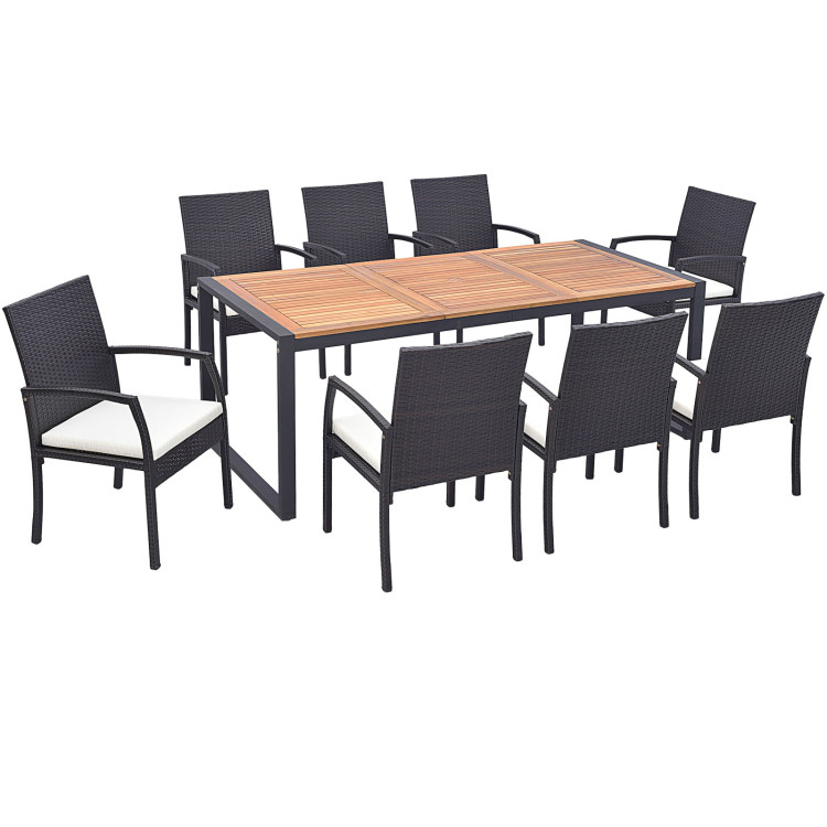 9 Pieces Patio Rattan Dining Set with Acacia Wood Table for Backyard Garden - Image 4