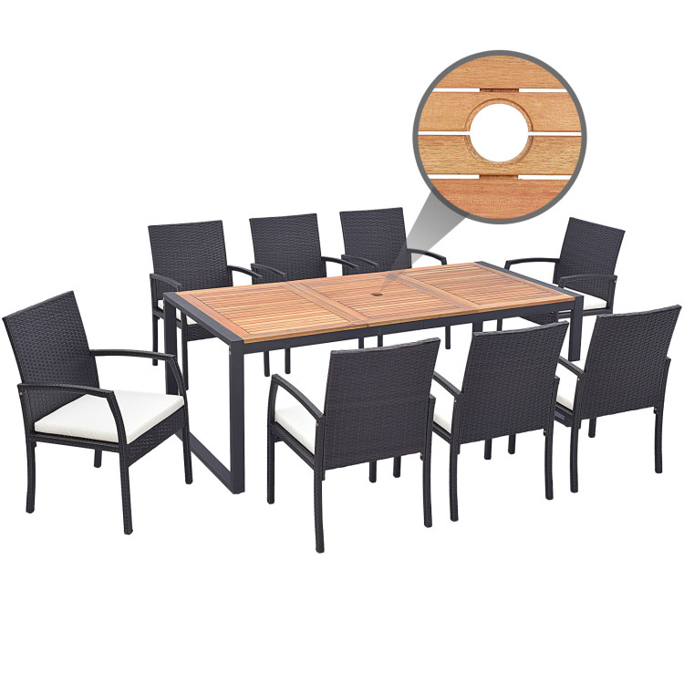 9 Pieces Patio Rattan Dining Set with Acacia Wood Table for Backyard Garden - Image 9