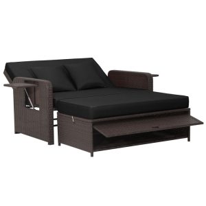 Patio Rattan Daybed with 4-Level Adjustable Backrest and Retractable Side Tray