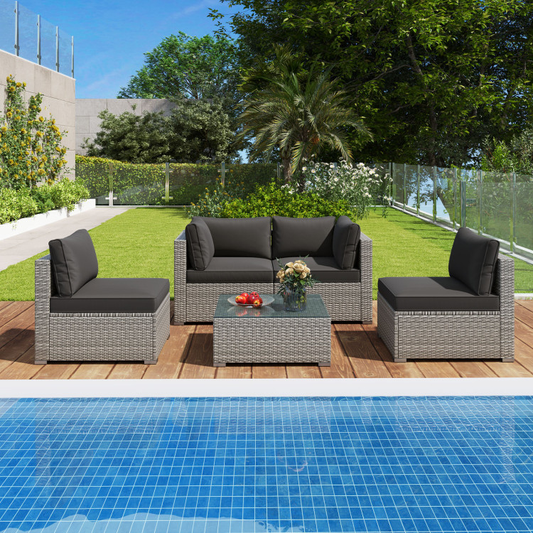 5-Piece Outdoor Patio Sectional Sofa Couch and Glass Coffee Table with Cushions - Image 2