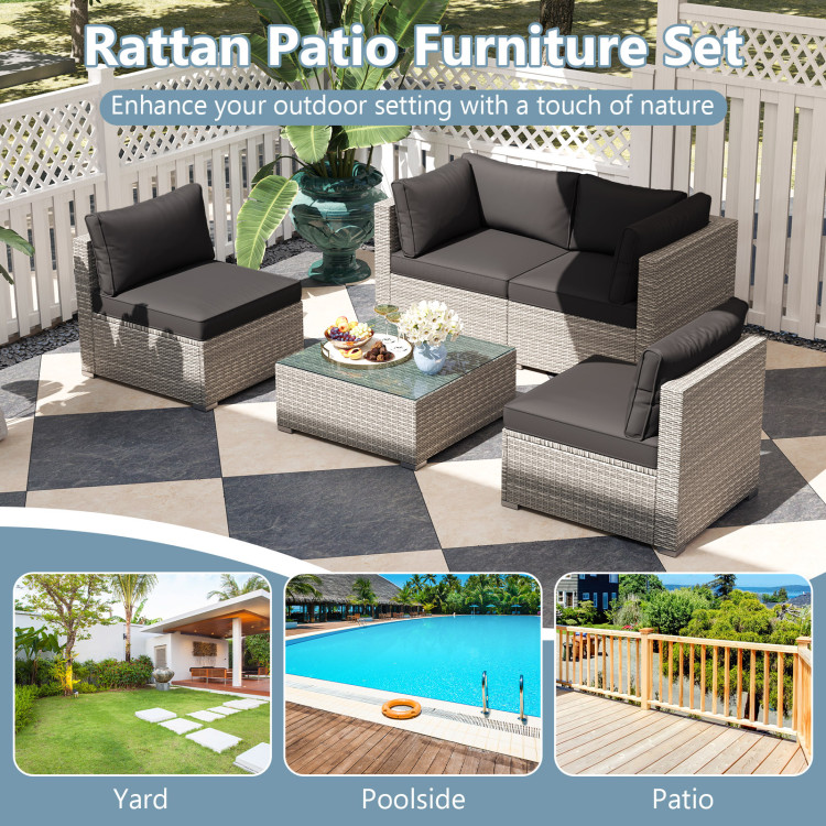 5-Piece Outdoor Patio Sectional Sofa Couch and Glass Coffee Table with Cushions - Image 10