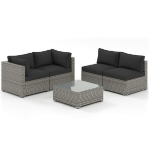 5-Piece Outdoor Patio Sectional Sofa Couch and Glass Coffee Table with Cushions