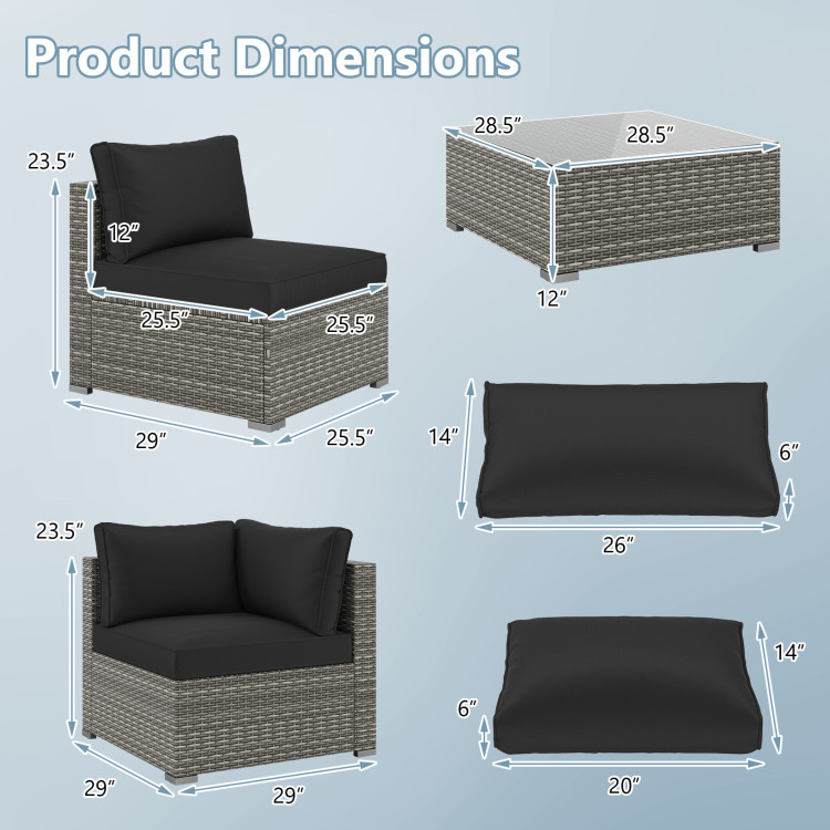 5-Piece Outdoor Patio Sectional Sofa Couch and Glass Coffee Table with Cushions - Image 5