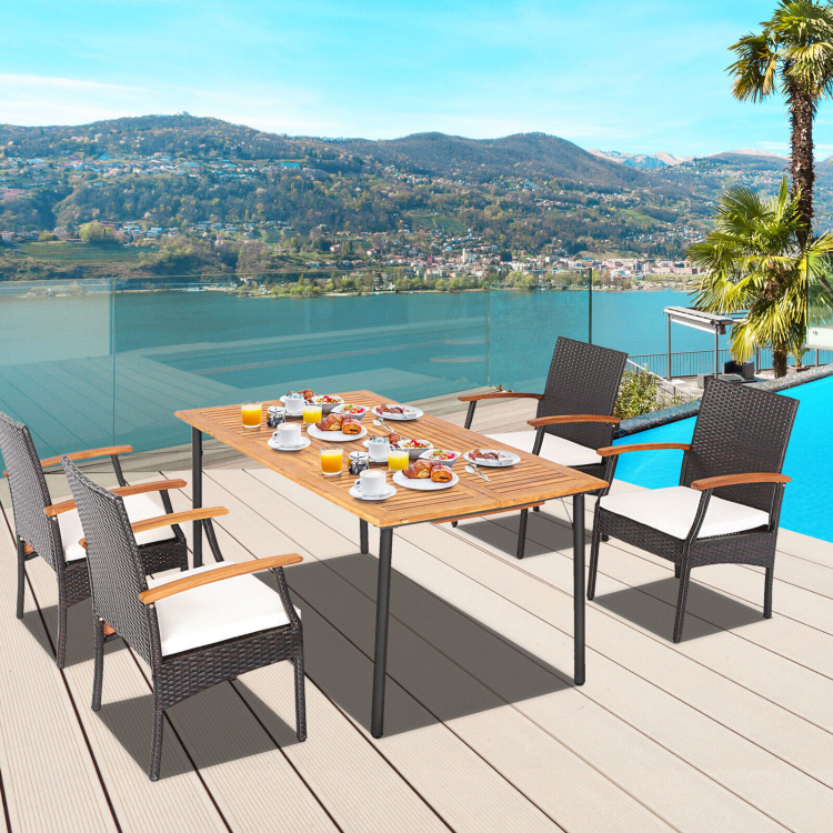 5 Pieces Patio Wicker Cushioned Dining Set with Wood Armrest and Umbrella Hole - Image 2