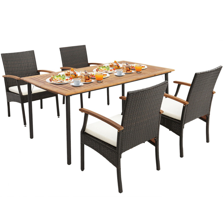 5 Pieces Patio Wicker Cushioned Dining Set with Wood Armrest and Umbrella Hole - Image 3