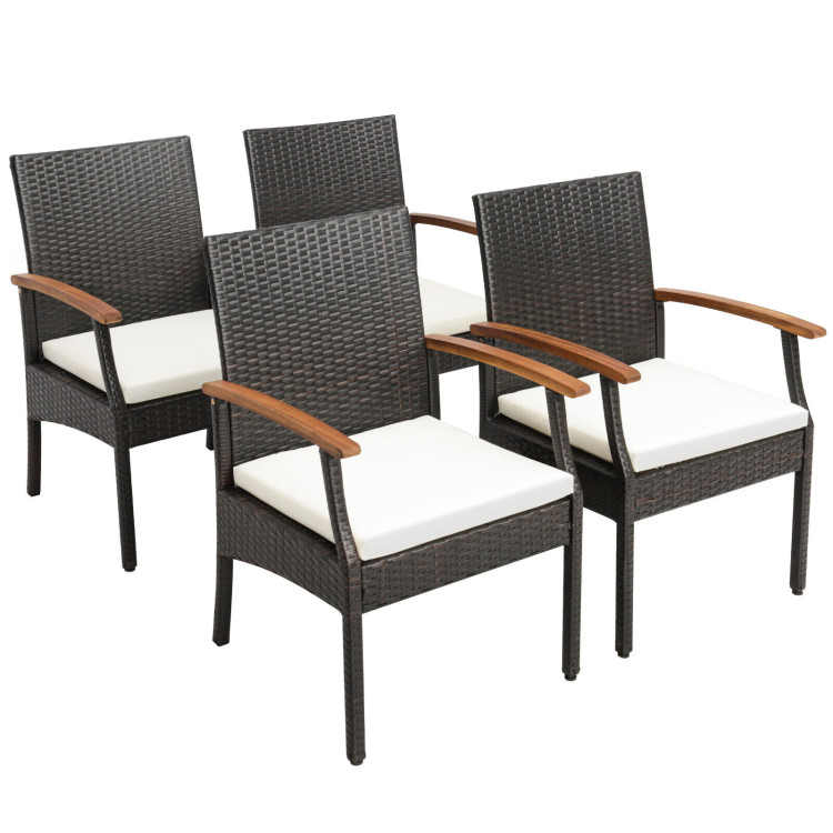 7 Pieces Patio Wicker Cushioned Dining Set with Wood Armrest and Umbrella Hole - Image 5