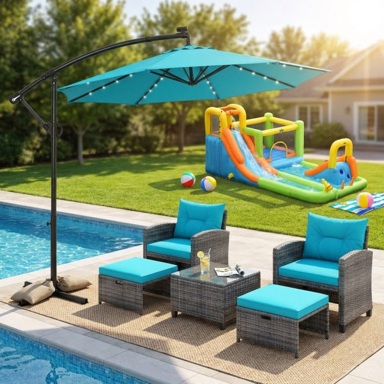 Summer Patio Luxury Bundle: 5-Pc Rattan Furniture Set, 8-in-1 Water Slide & 10ft LED Offset Umbrella - Image 7